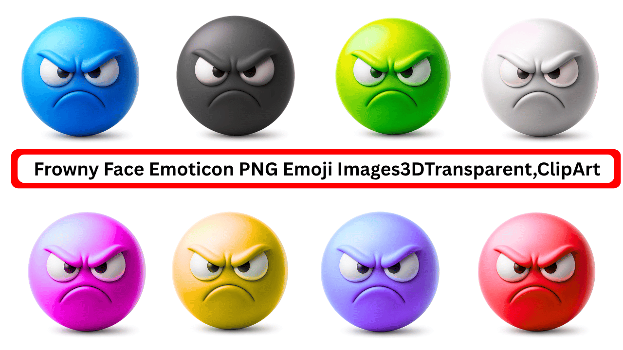 3D colorful frowny face emoticon emoji set with angry expressions and transparent background.