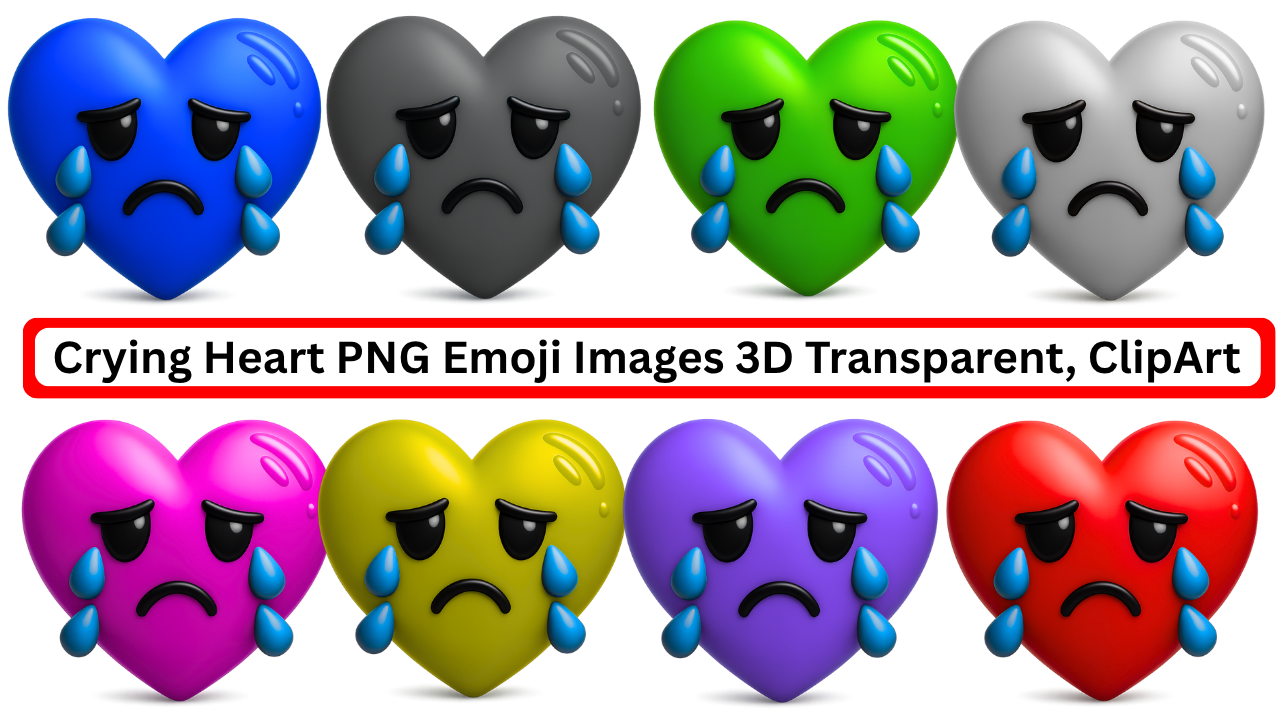 Colorful 3D crying heart emoji icons in various colors showing sadness and emotional tears.