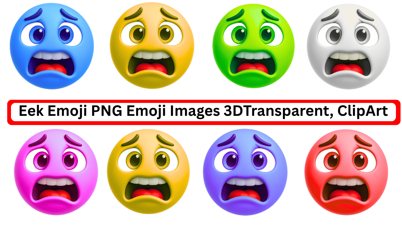 Colorful eek emoji faces in 3D style with shocked expressions and transparent backgrounds