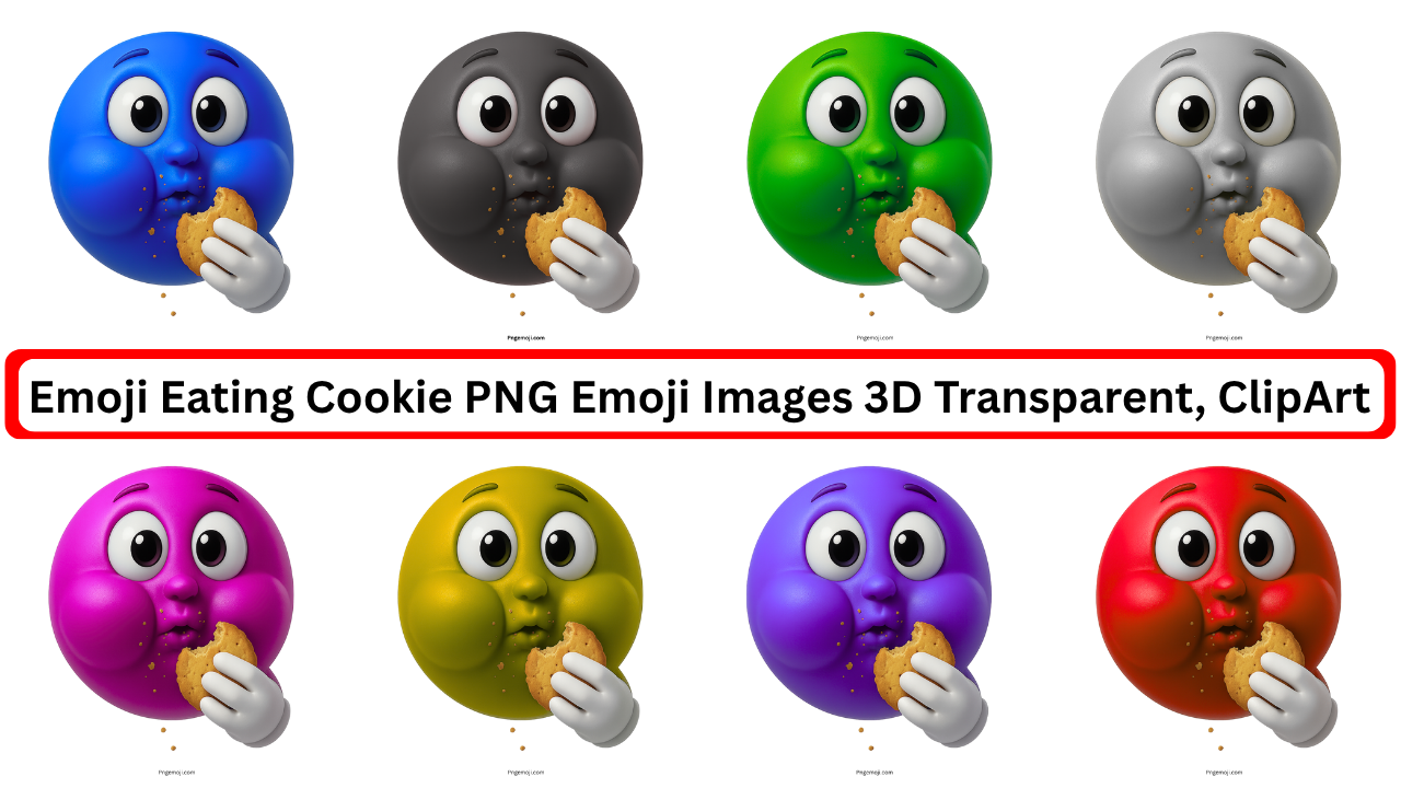 3D emoji faces eating cookies in colorful variants with white gloves and fun expressions