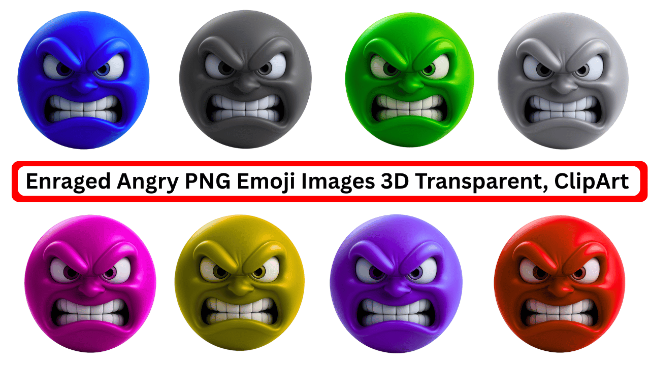 Colorful 3D enraged angry emojis with clenched teeth and furrowed brows in PNG format