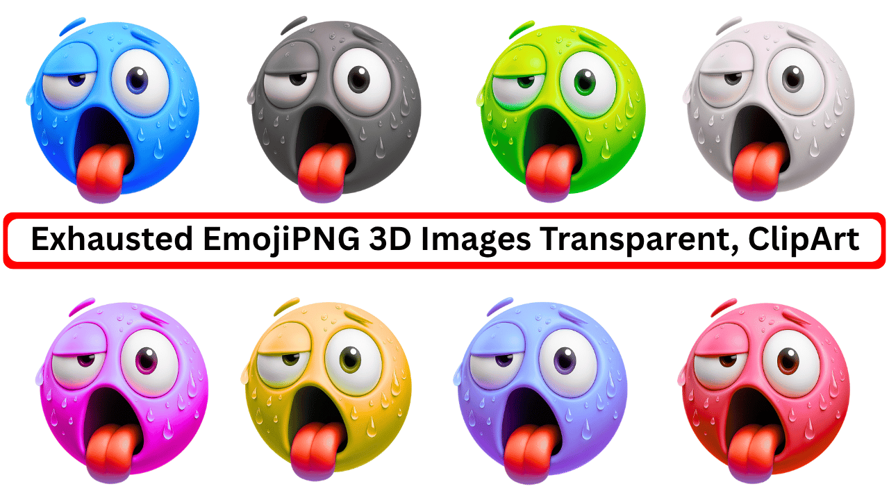 Set of 3D exhausted emojis in various colors with sweat and tired expressions