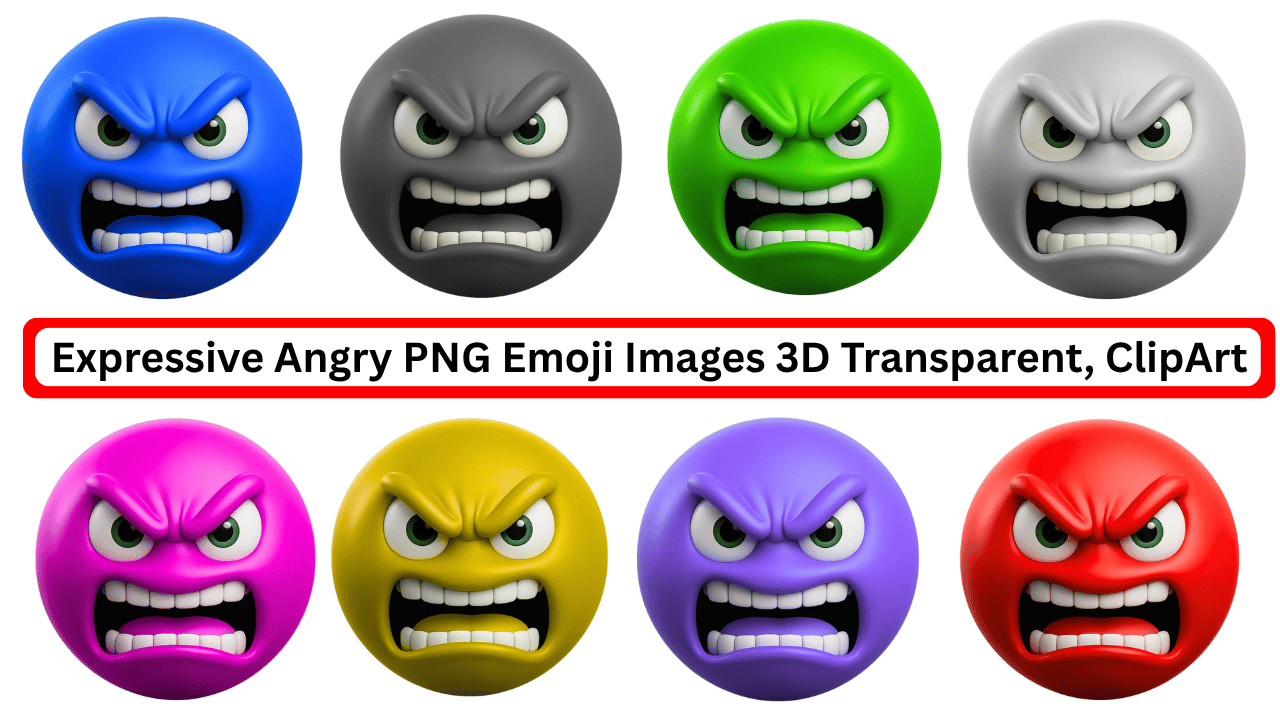 Set of 3D expressive angry emoji faces in various colors with gritted teeth