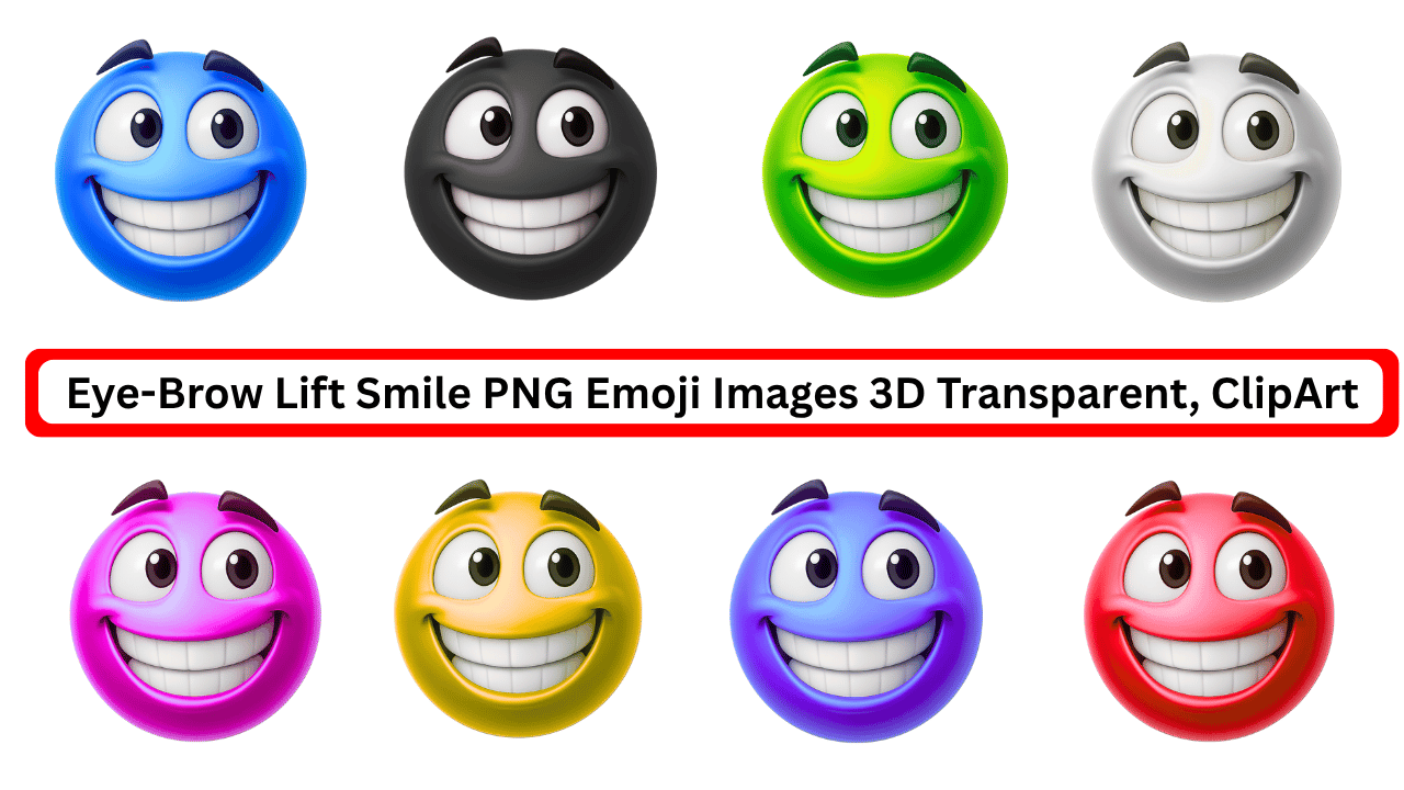 Colorful 3D smiley emoji faces with lifted eyebrows in PNG transparent clipart style