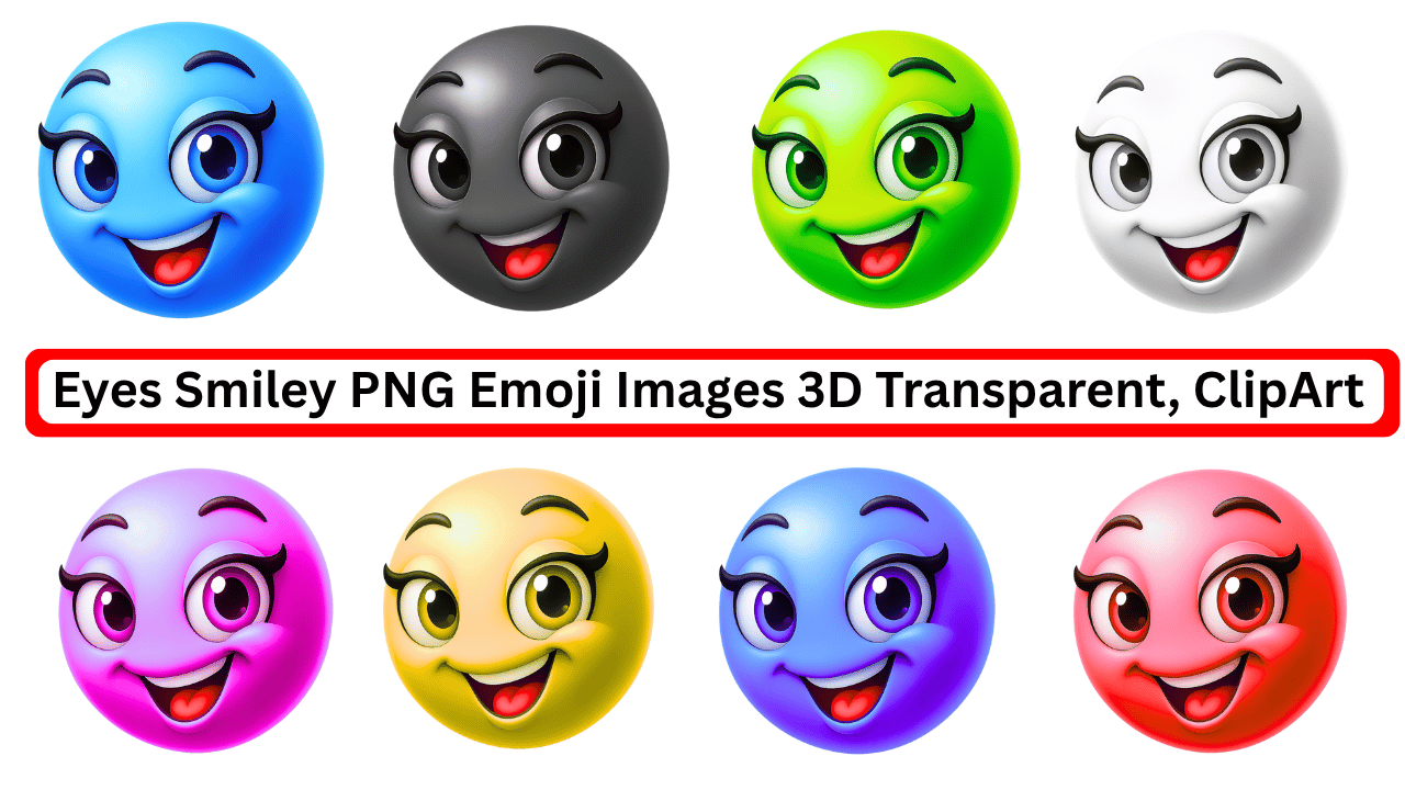 Colorful 3D eyes smiley emojis with big lashes, happy faces, transparent background and clipart style