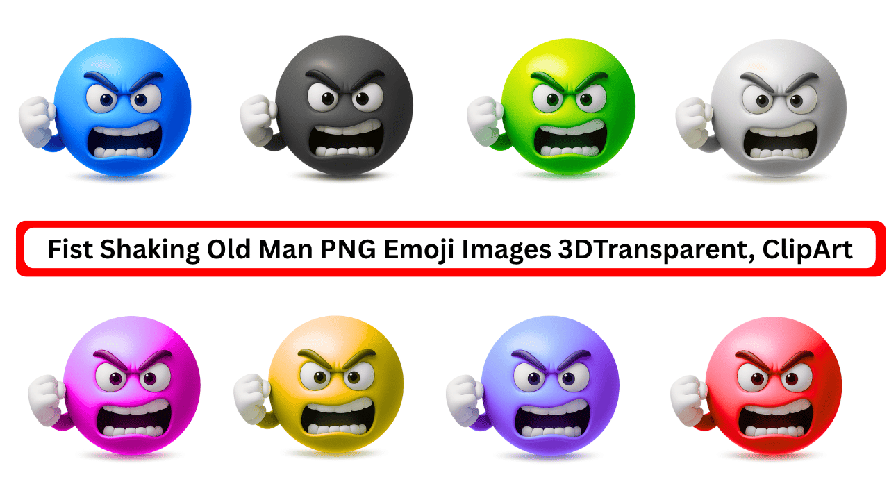 Colorful 3D angry emoji faces of old man shaking fist with cartoon expressions