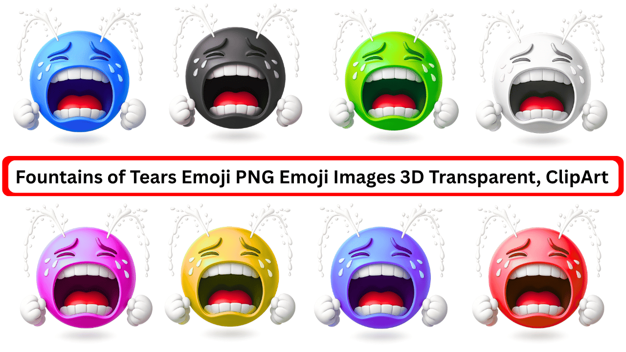 Colorful fountains of tears emoji faces crying hard in 3D transparent PNG clipart style