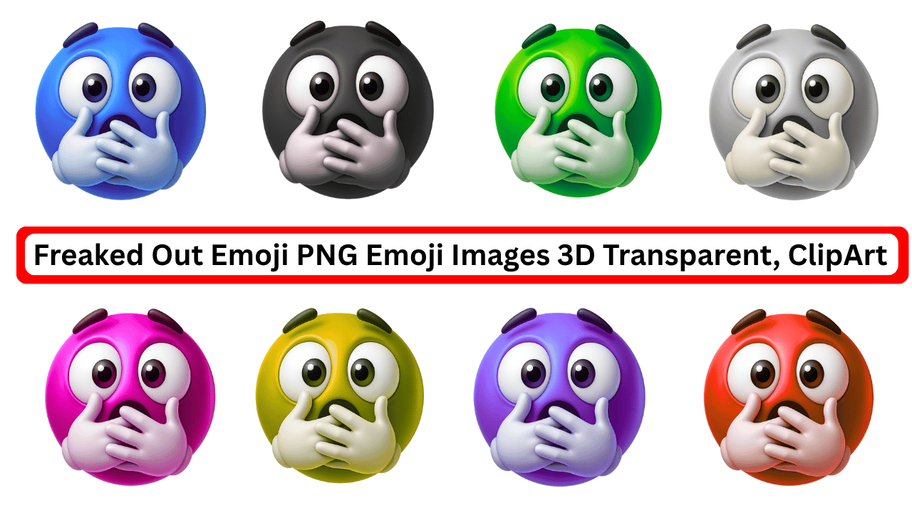 Collection of colorful freaked out 3D emojis with shocked faces and hands over mouth