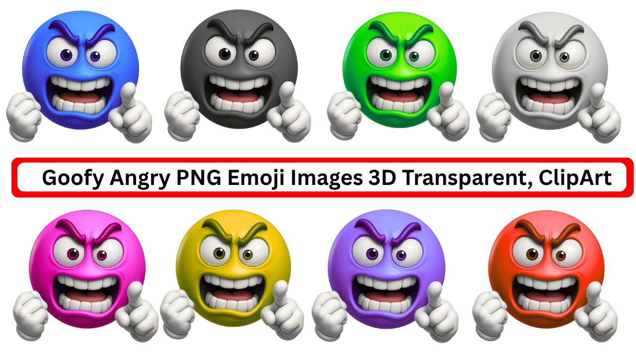 Colorful 3D goofy angry emoji collection in various expressions and transparent backgrounds