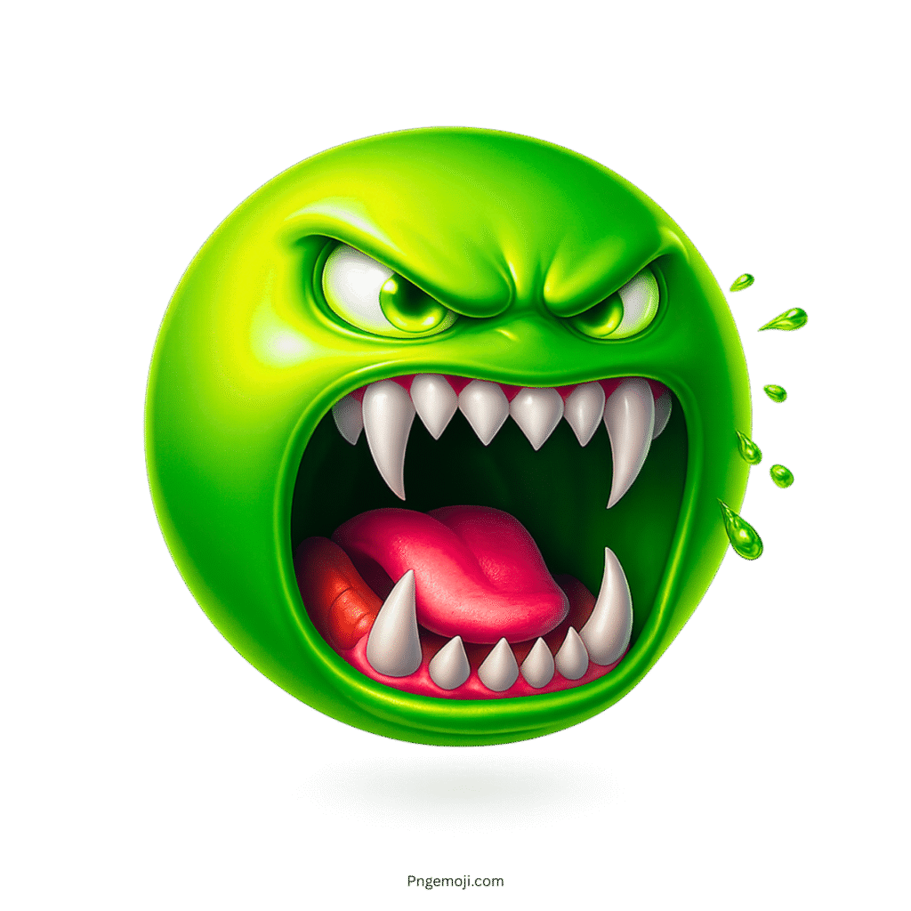 Green 3D roaring beast emoji with sharp white fangs and dripping slime drops
