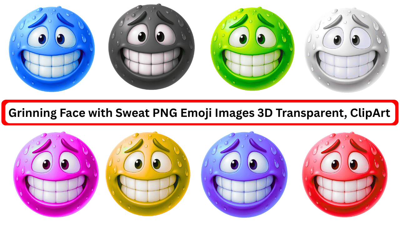 Colorful 3D Grinning Face with Sweat Emoji PNGs in blue, red, yellow, green, and more