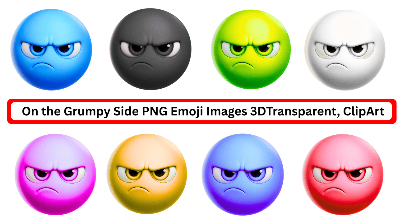 Colorful 3D grumpy face emojis showing anger and moodiness in PNG transparent style