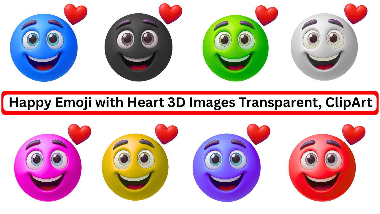Colorful 3D happy emojis with red hearts in multiple styles and transparent background