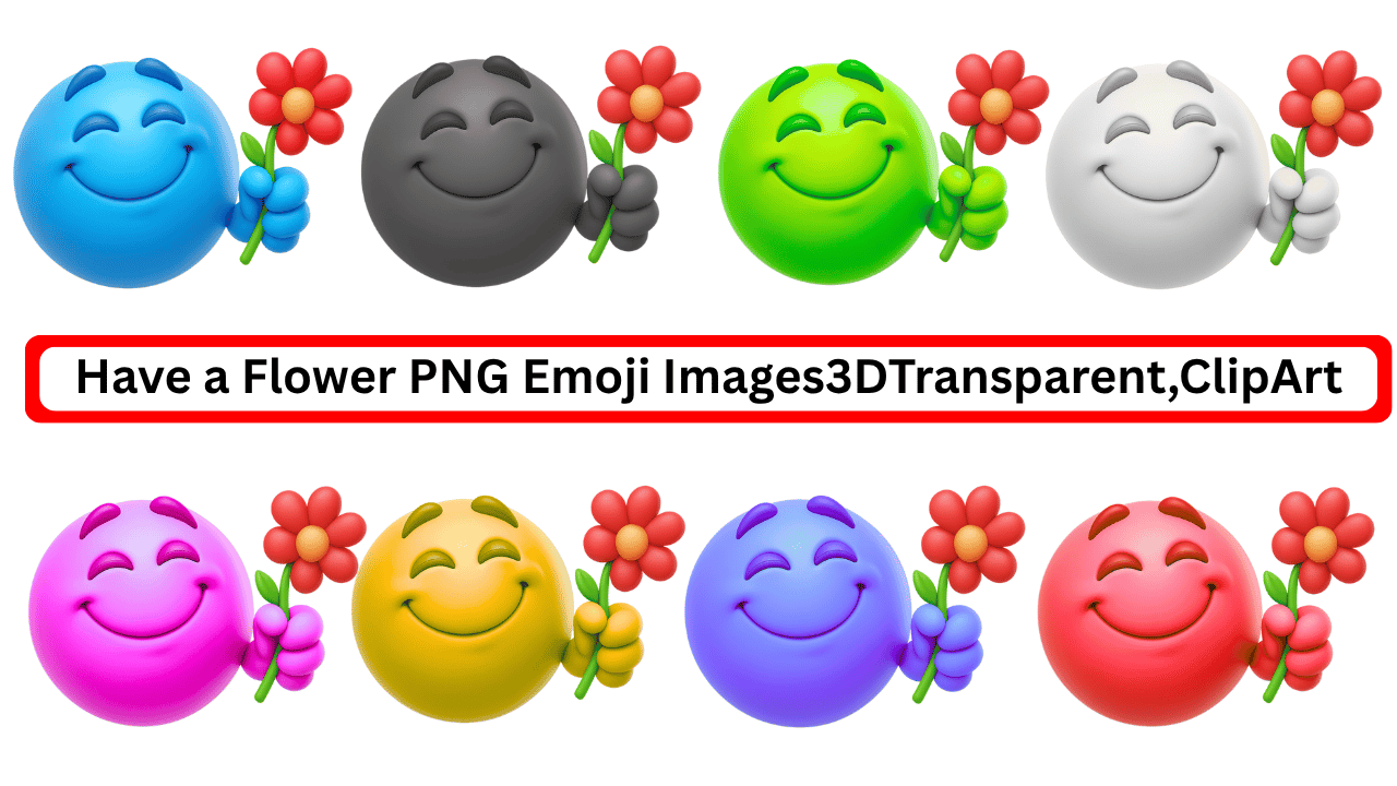 Colorful 3D smiling emoji faces holding red flowers in transparent PNG clipart format