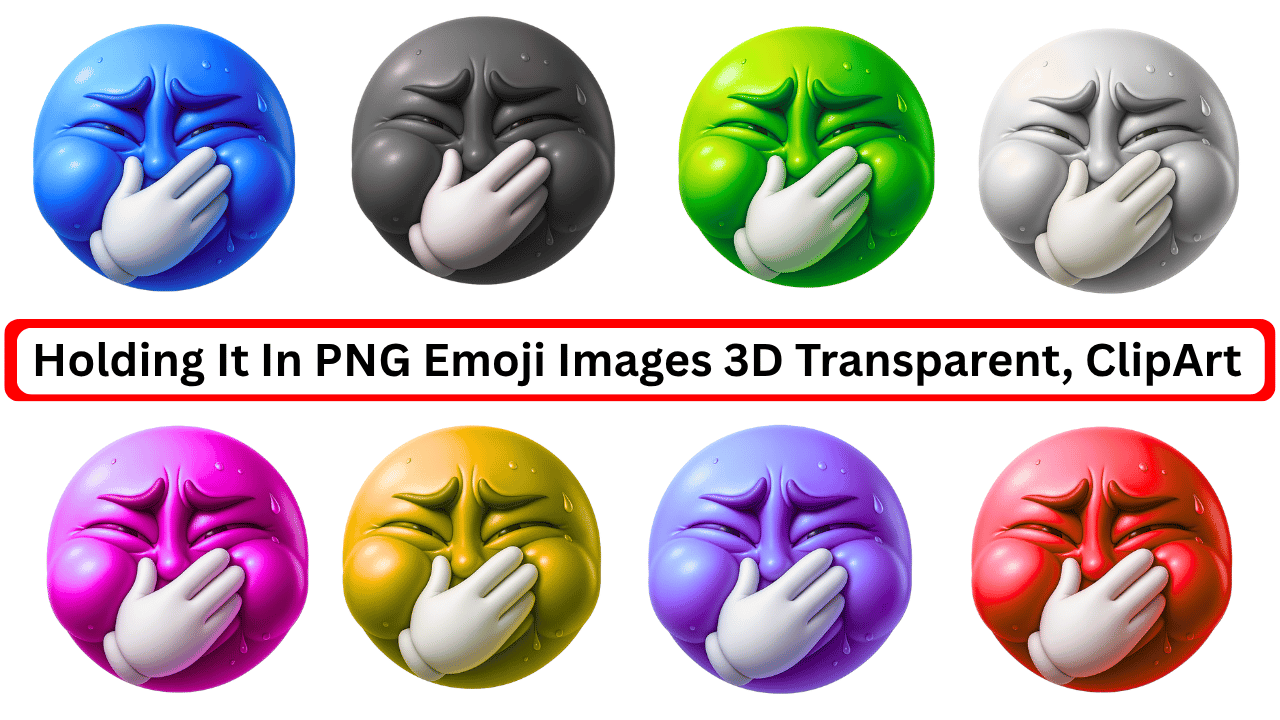 3D holding-it-in emojis in multiple colors showing nausea, disgust, and intense emotional restraint.
