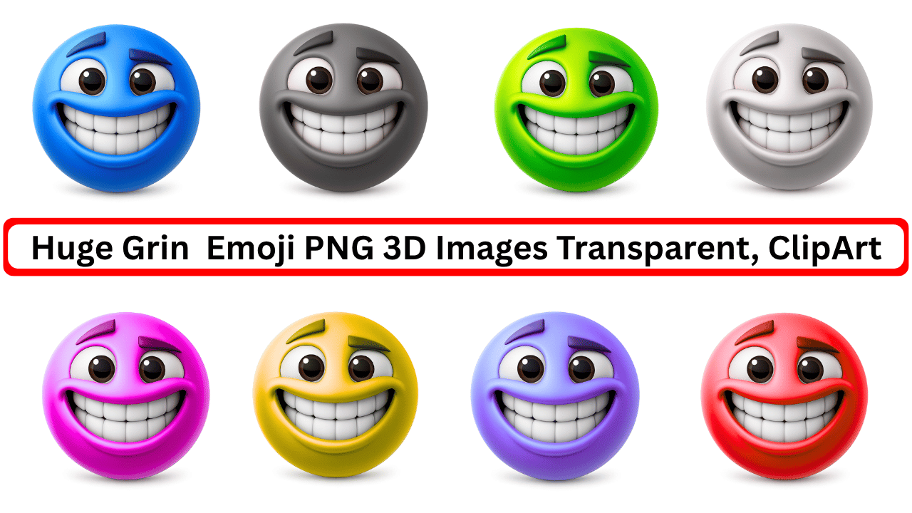 3D colorful huge grin emoji faces PNG set with transparent background