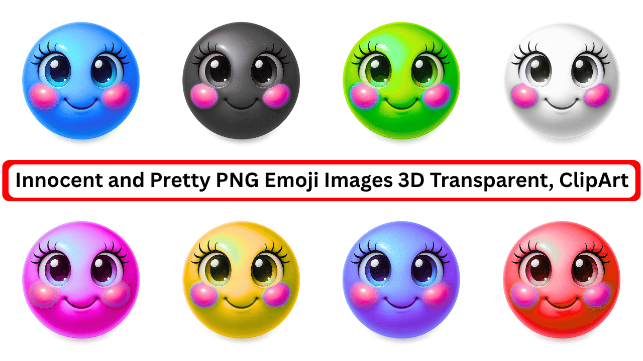 Colorful innocent pretty emojis 3D style with blush, big eyes, transparent background