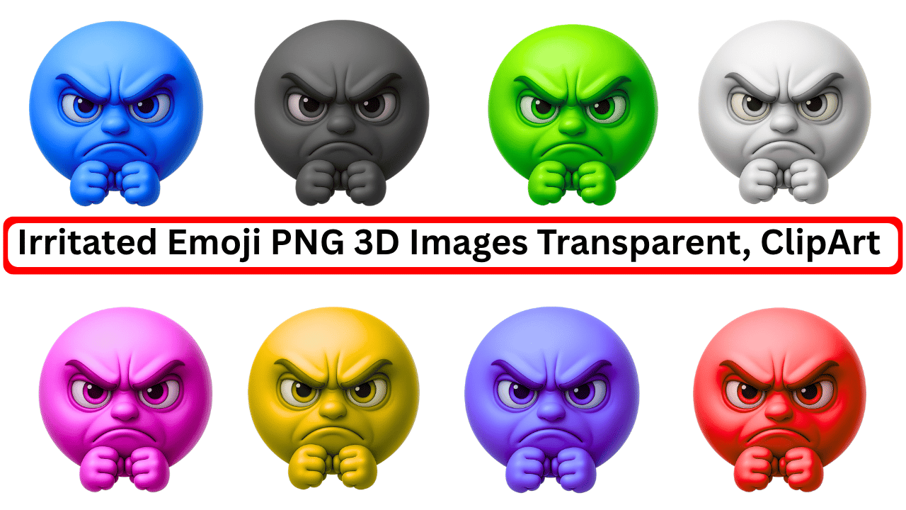 Set of 3D irritated emojis in multiple colors with transparent background ClipArt PNG