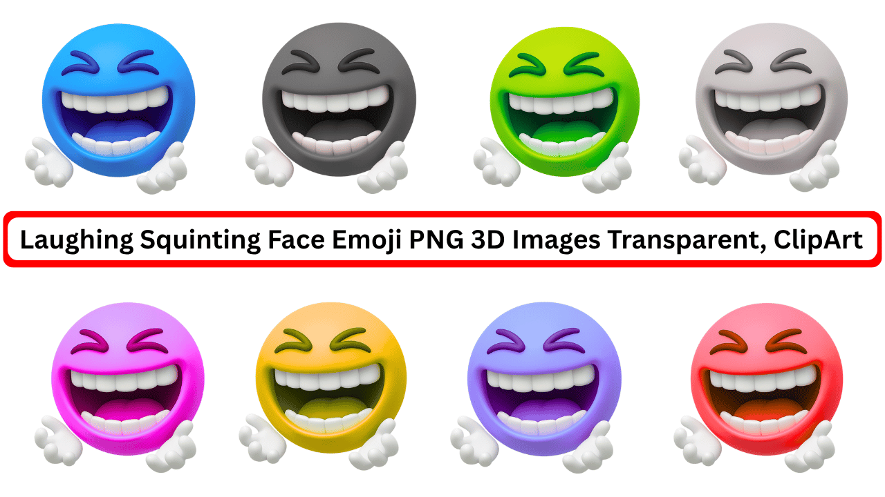 3D laughing squinting emoji collection in multiple colors with transparent background