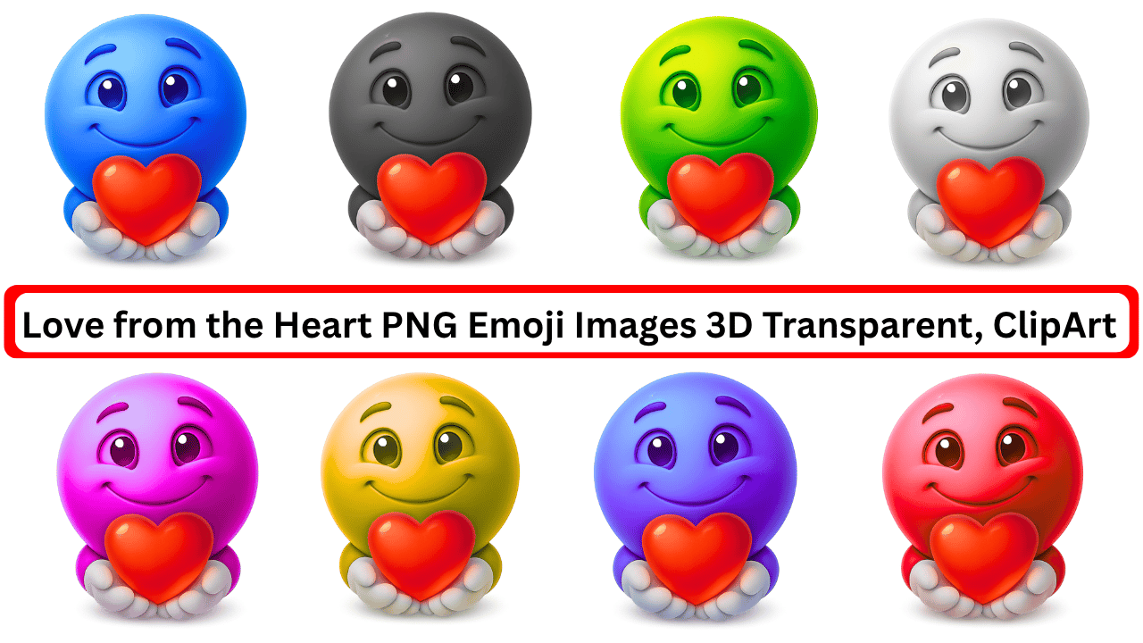 Colorful 3D emojis holding red hearts expressing love, joy, and emotion