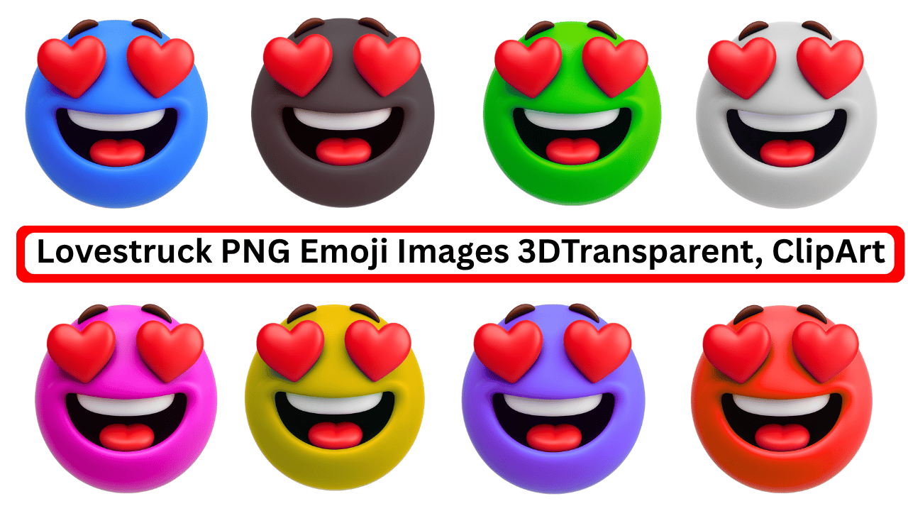 Colorful 3D lovestruck emoji PNGs with heart eyes and vibrant expressions