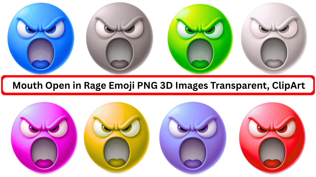 3D emoji set showing angry faces with open mouths in various colors