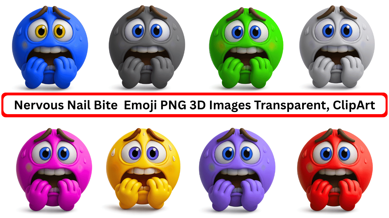 Multicolor nervous emoji pack biting nails with sweat in 3D transparent clipart PNG