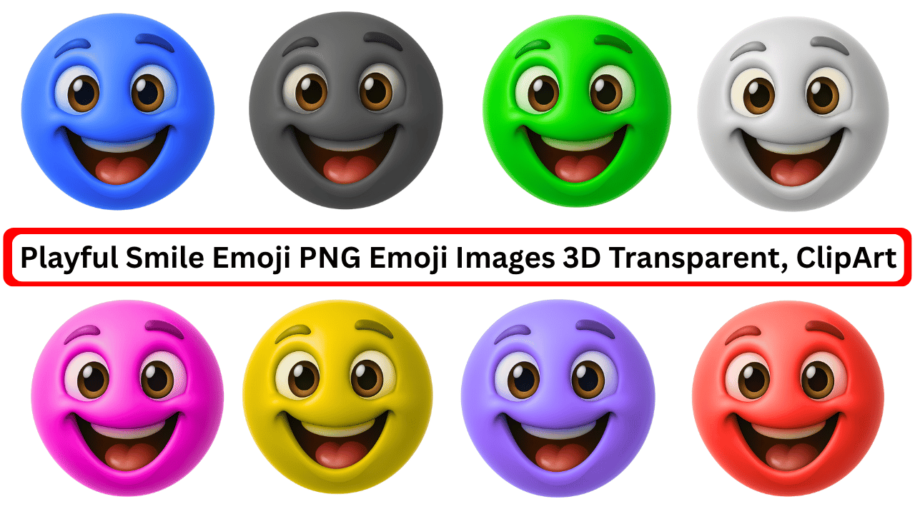 Set of 3D colorful smile emojis in various shades with playful expressions on transparent background