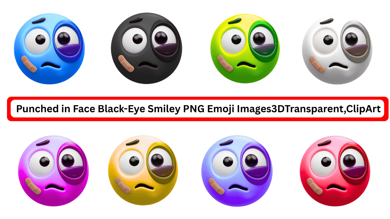 3D colorful punched face emojis with black eye and bandage in clipart style
