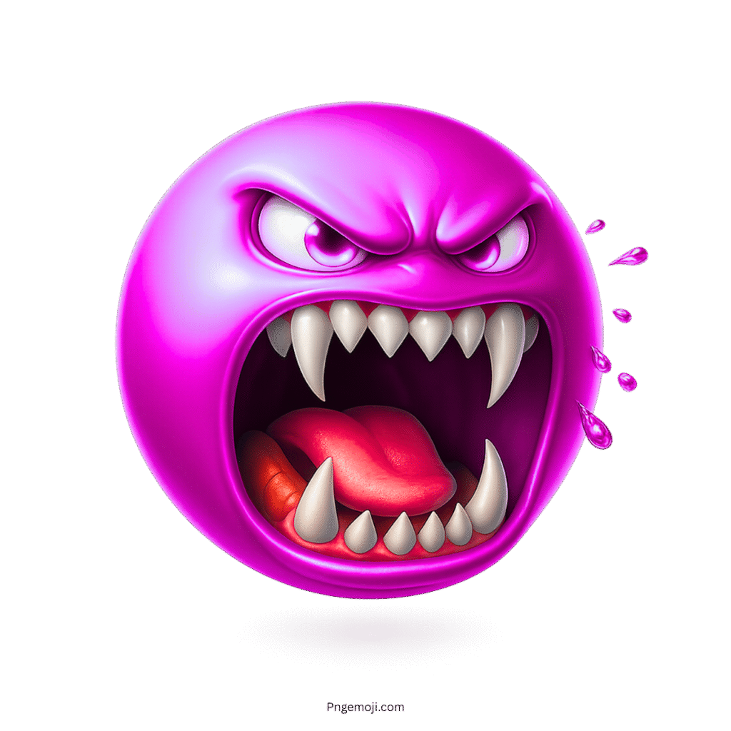 Purple beast emoji with fangs, open mouth, angry eyes, and dripping purple liquid