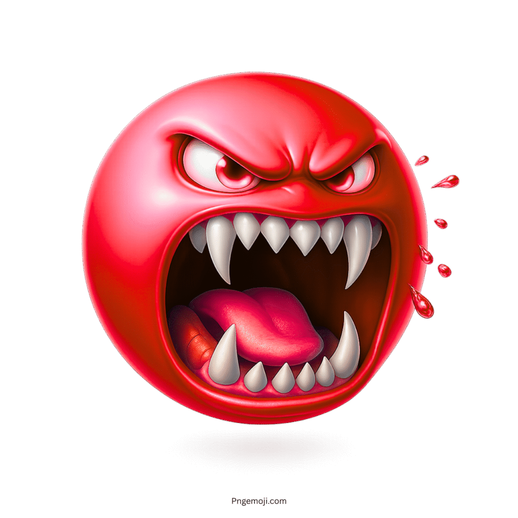 3D red angry beast emoji with wide mouth, sharp fangs, and furious red expression