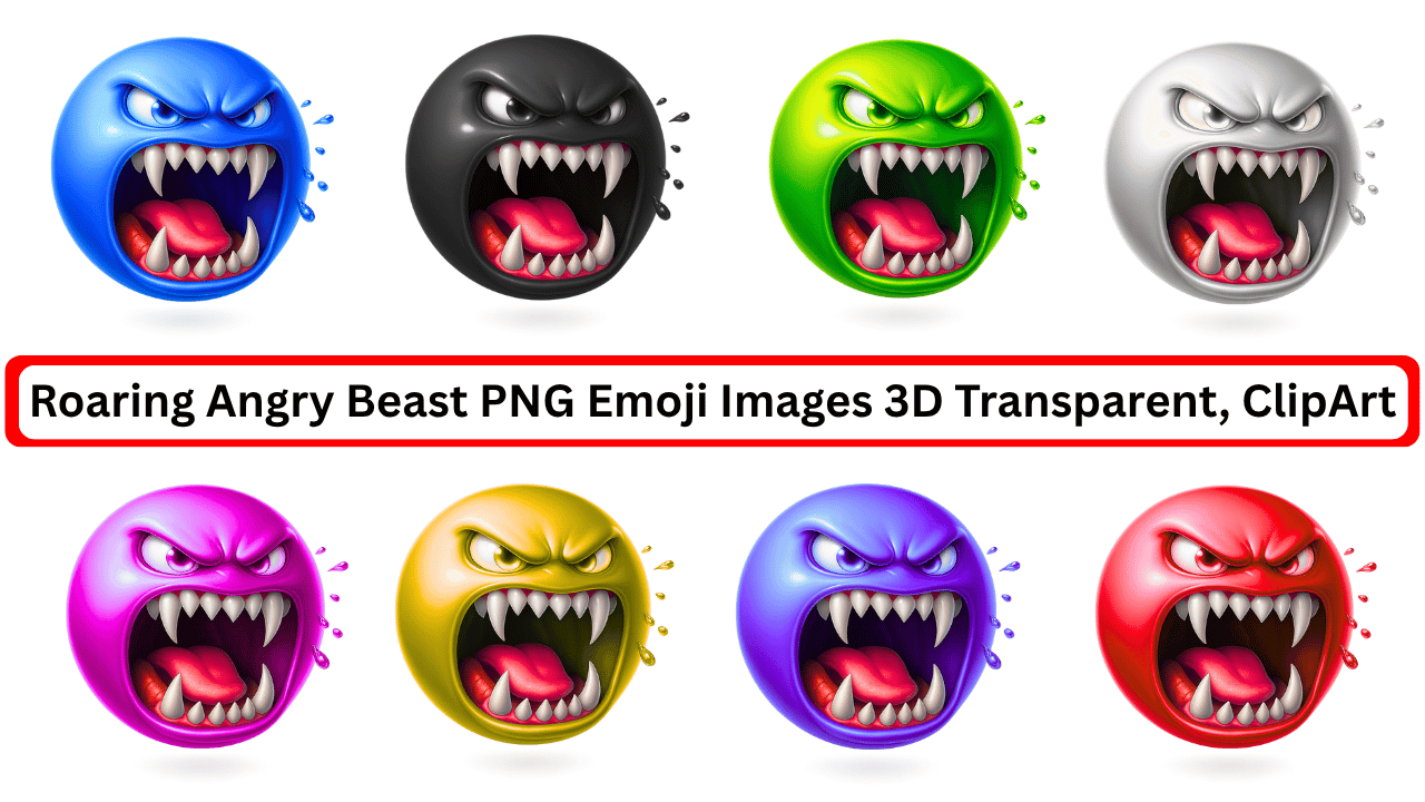 3D roaring angry beast emoji face with sharp fangs and colorful variants