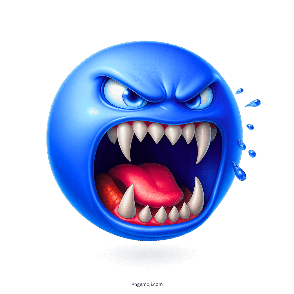Roaring angry blue emoji with sharp vampire fangs and fierce glowing eyes expression