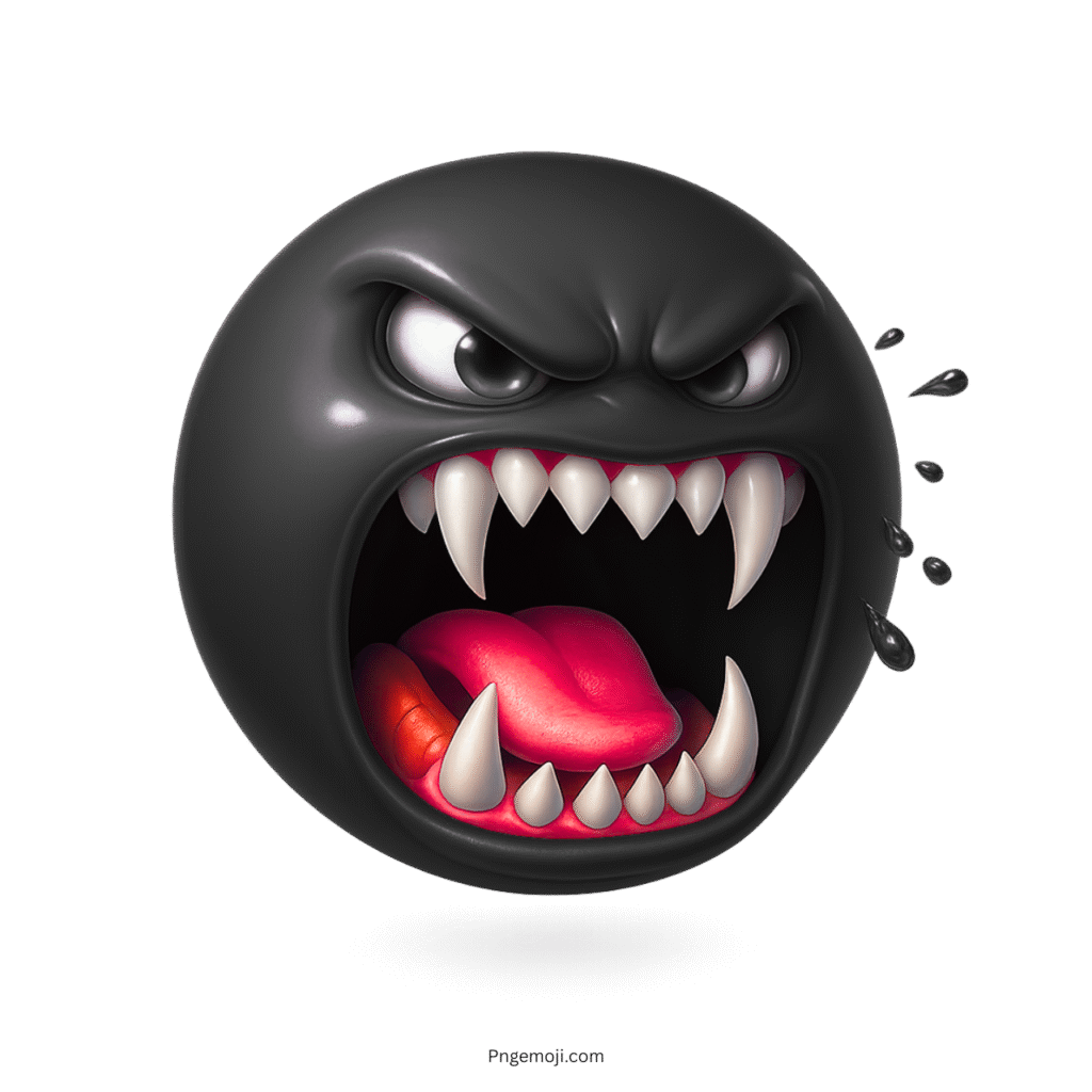 3D angry beast emoji with fangs, black face, and wide open roaring mouth
