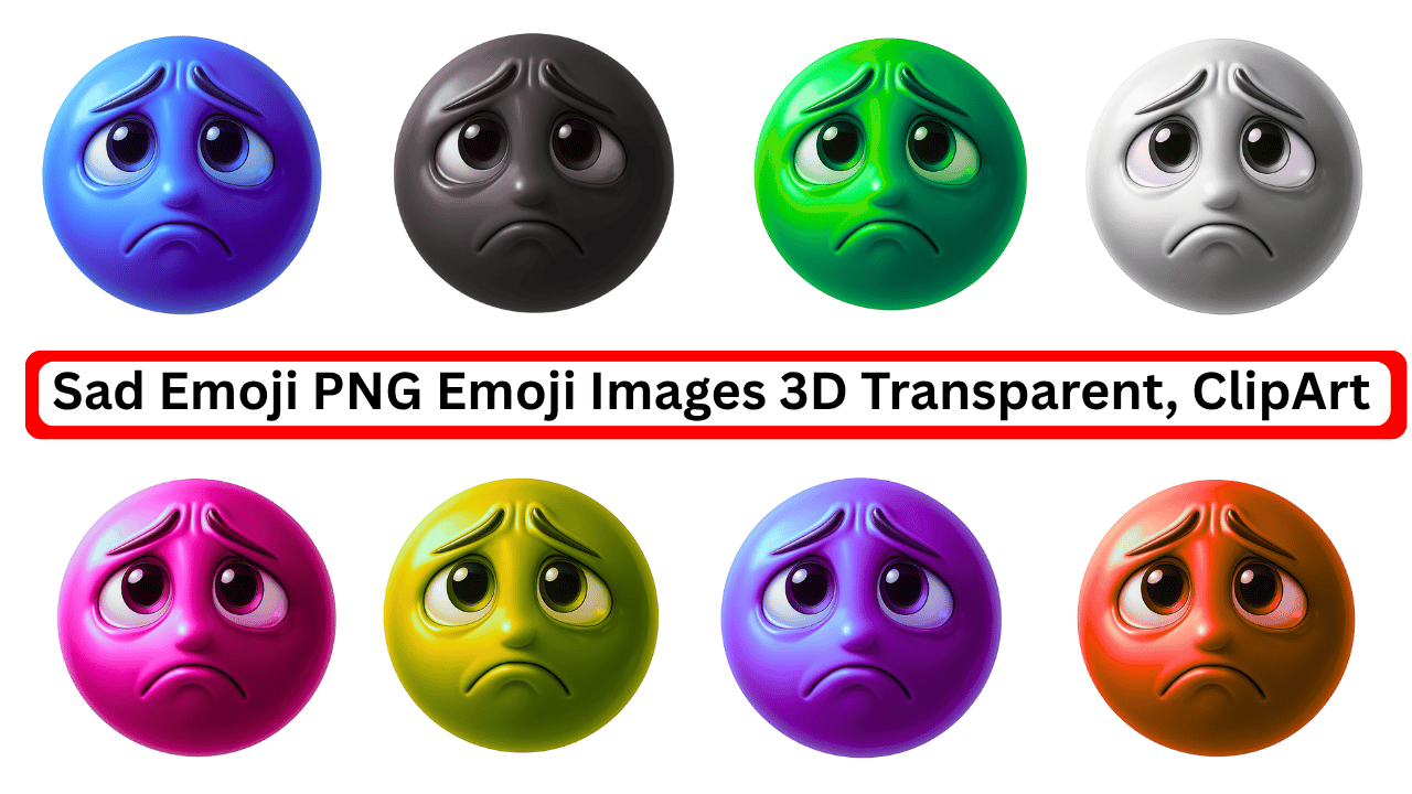 3D transparent sad emoji PNGs in multiple colors and emotional expressions