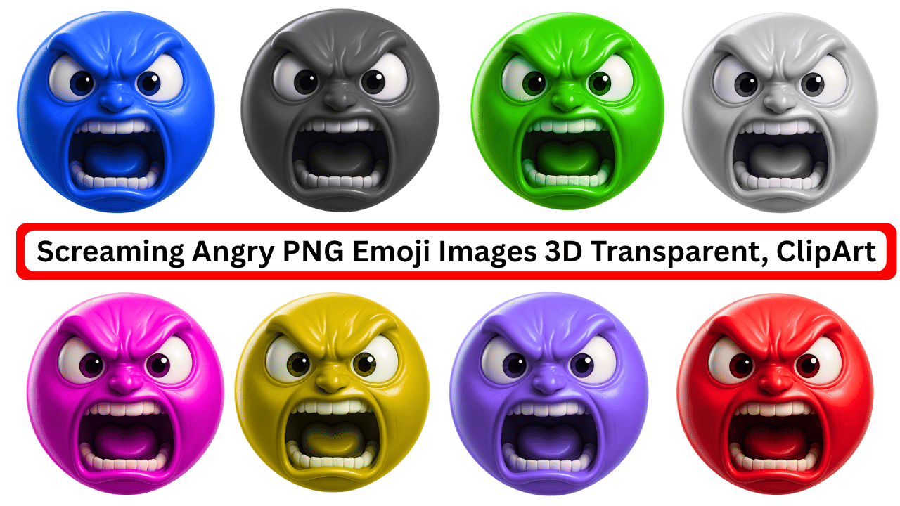 3D screaming angry emoji faces in various colors with transparent backgrounds, clipart collection