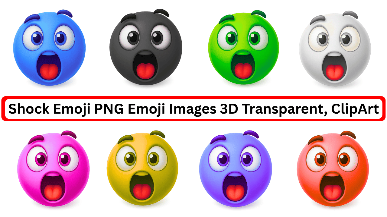 Colorful 3D shock emoji PNGs with open mouth and surprised eyes in multiple styles