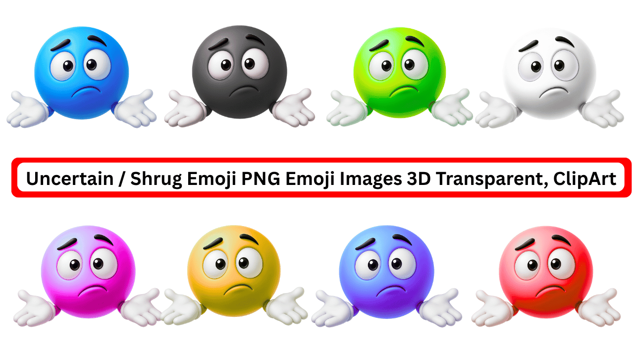 Colorful 3D shrug emojis in various expressions with transparent background for digital use