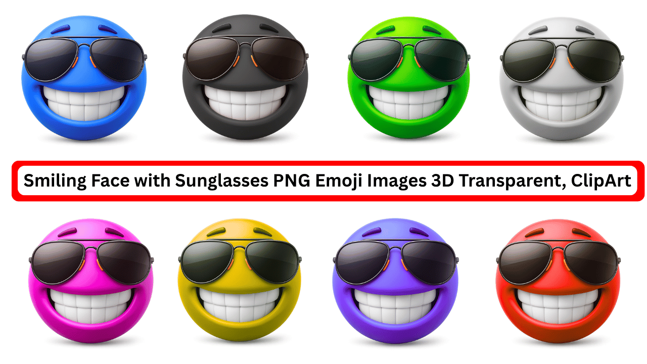 Set of colorful smiling face emojis with sunglasses in 3D clipart transparent style
