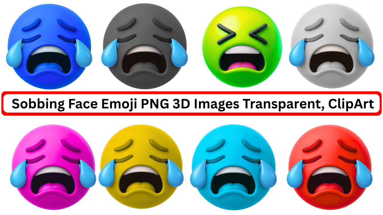 Colorful 3D sobbing face emoji PNG collection with tears and emotional expressions