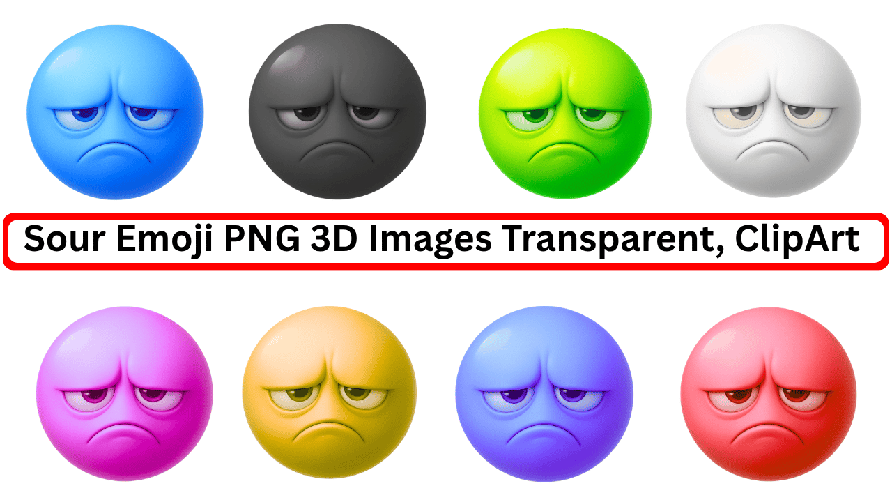 3D sour emoji faces in 8 colors with transparent backgrounds for clipart use