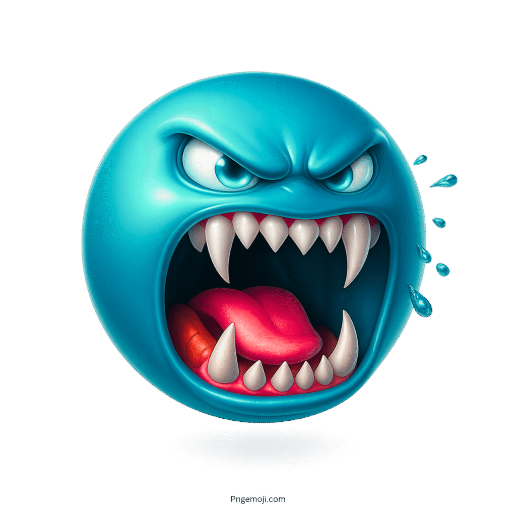 Teal blue monster emoji with sharp fangs, open mouth, red tongue, and water splashes
