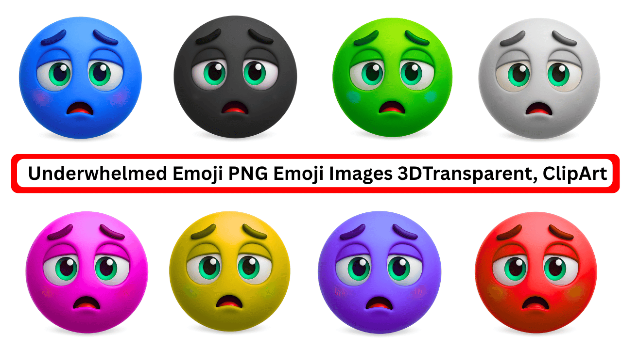 Multicolor 3D underwhelmed emoji faces in PNG clipart with tired and sad expressions