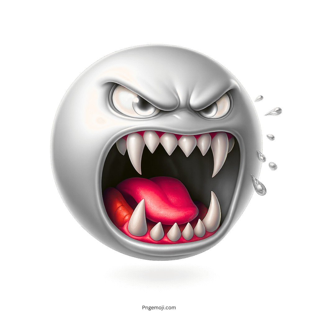 White monster emoji with open mouth, sharp fangs, angry eyes, and dripping droplets