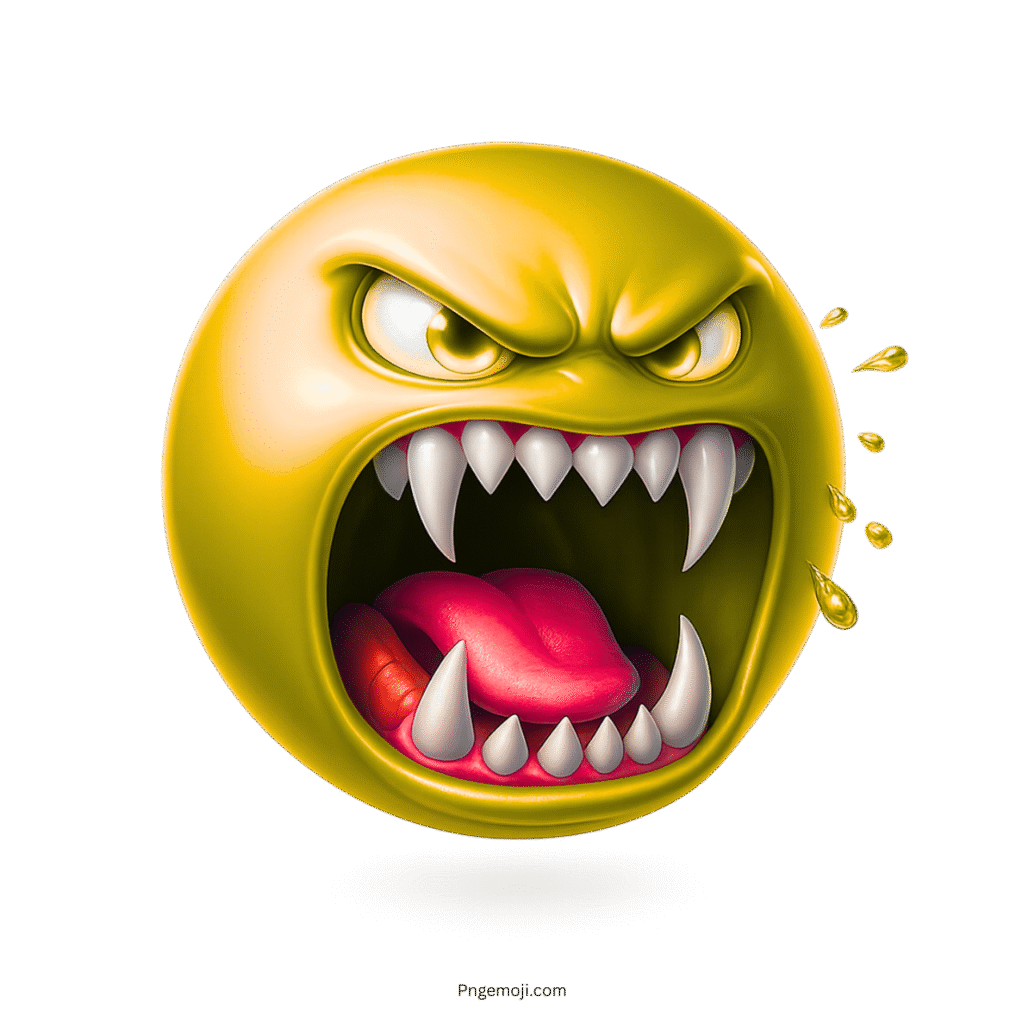 3D yellow angry beast emoji with sharp fangs, open mouth, and dripping sweat