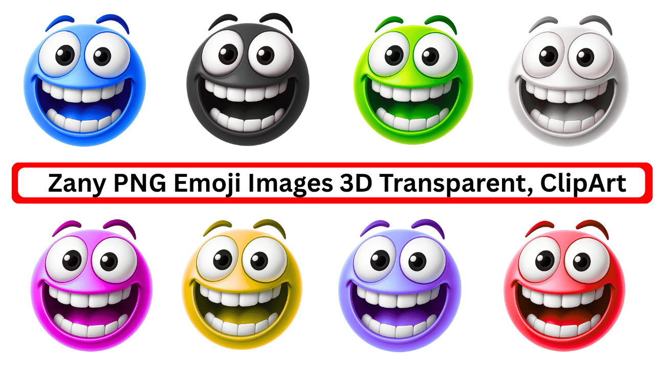 Colorful zany 3D emoji pack with transparent background in various facial expressions