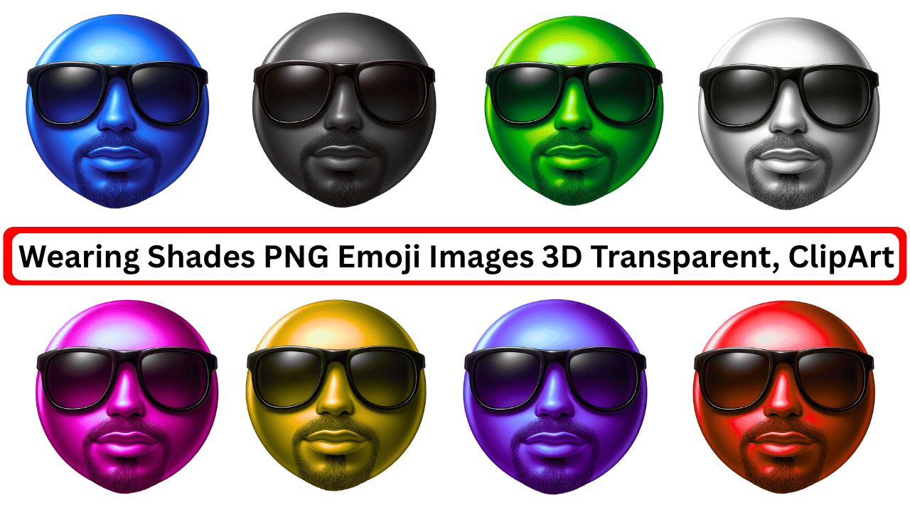 Set of 3D emoji faces wearing sunglasses in 8 glossy color variants with beard