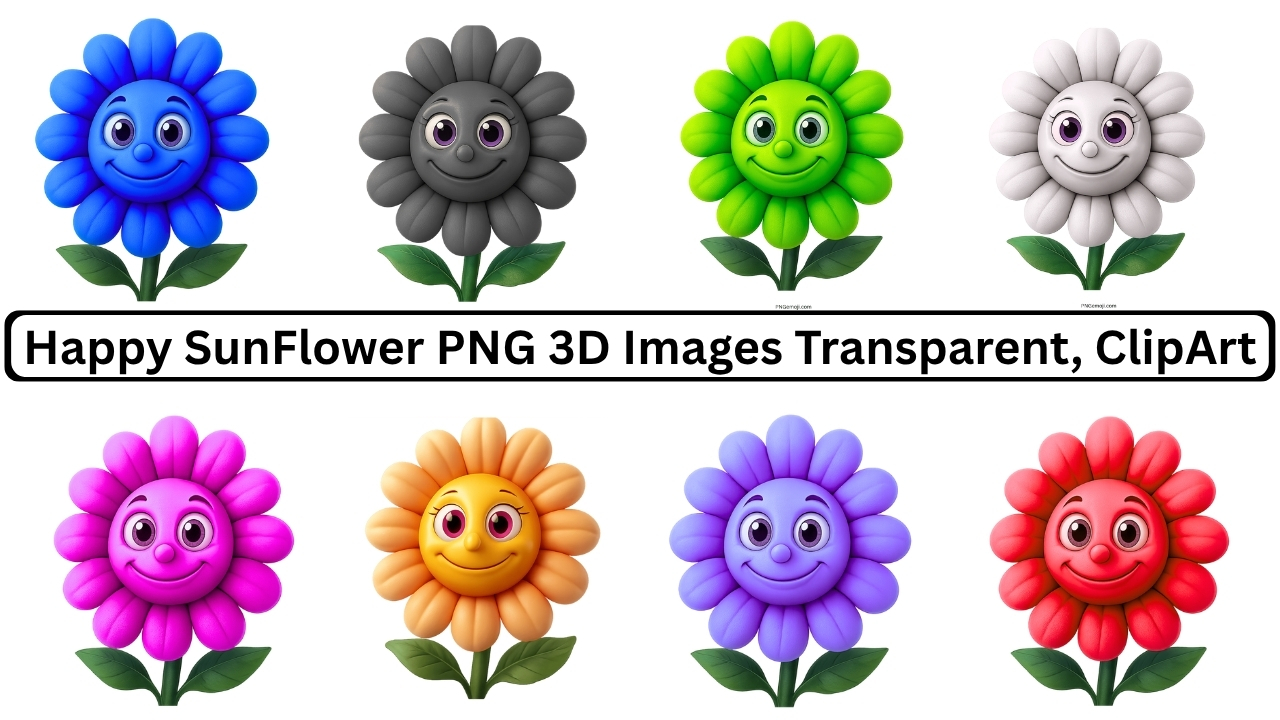 Set of 3D happy sunflower cartoon images in multiple colors with transparent background and green leaves.
