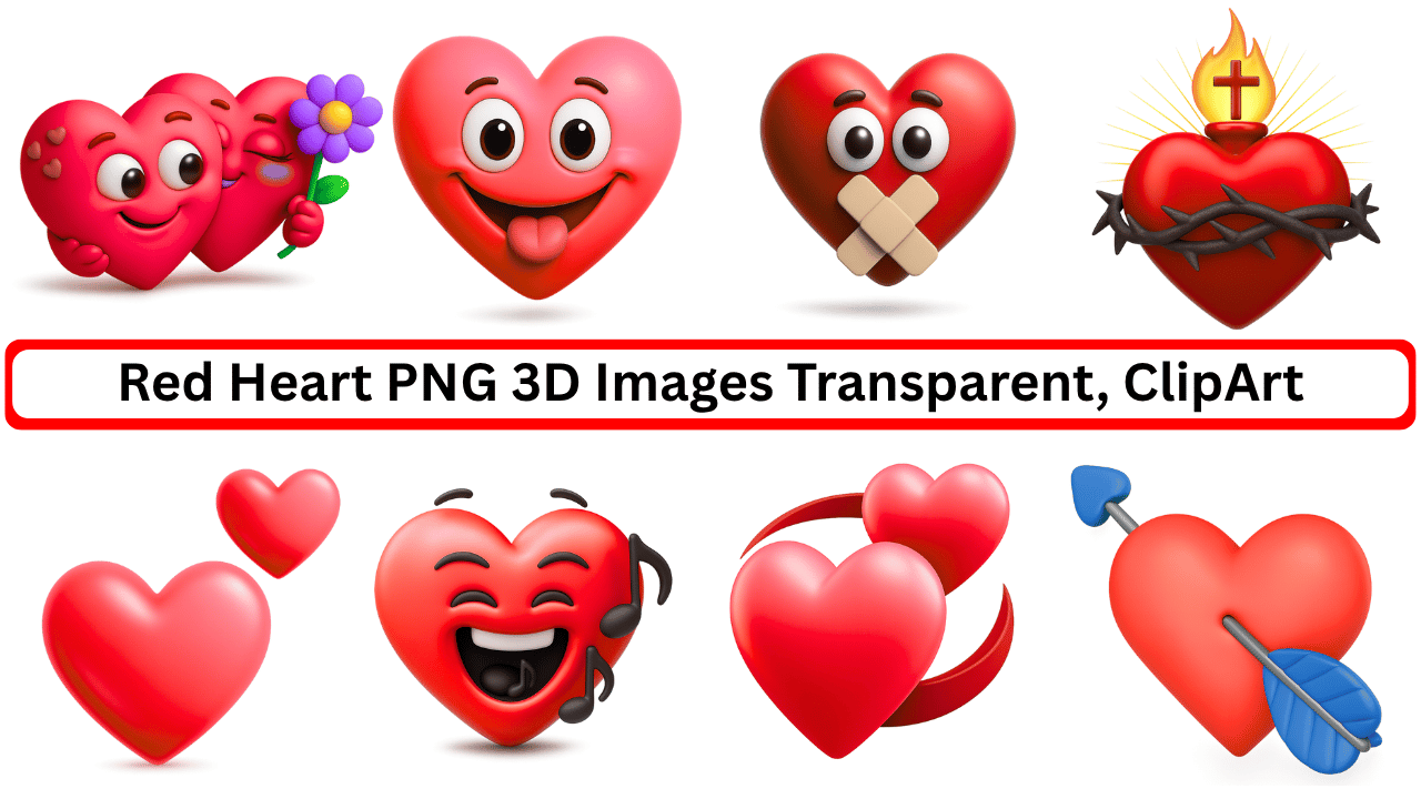 Colorful 3D red heart emojis with expressions, love symbols, and transparent background
