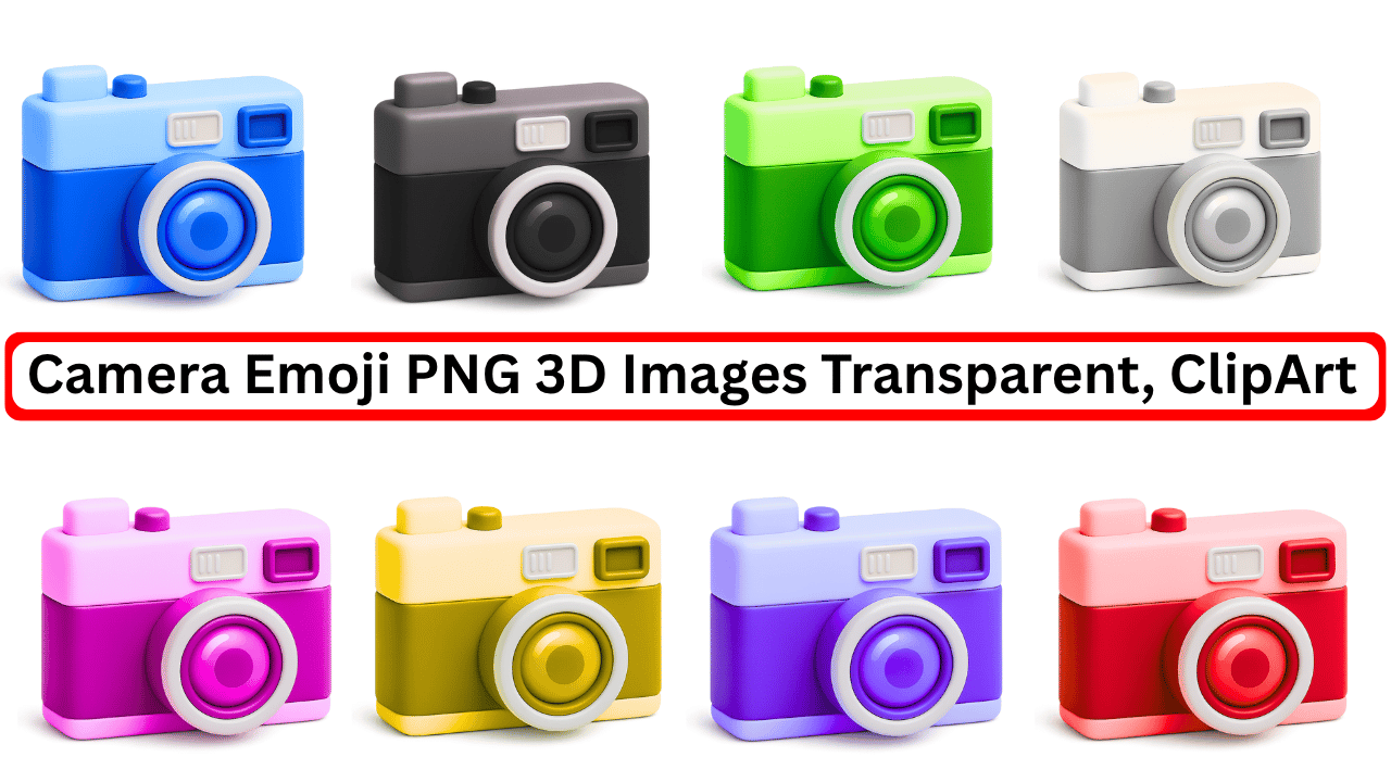 Colorful 3D camera emoji PNG pack with multiple styles and transparent background